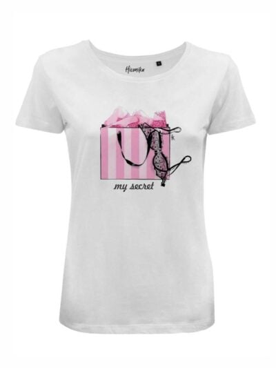 T-Shirt donna Lady 2.0 con una borsa, un reggiseno e la scritta “my secret” – LB038