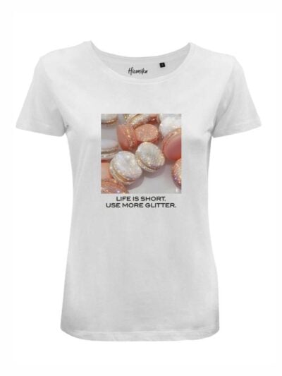 T-Shirt donna Lady 2.0 con i macarons e la scritta “life is short, use more glitter” – LB042