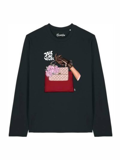 T-shirt Alba manica lunga con una mano che tiene una borsa e la scritta “joie de vivre” in patch - TA012