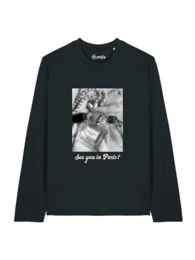 T-shirt Alba manica lunga con un profumo, una collana e la scritta “see you in Paris?” in glitter - TA016