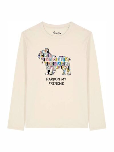 T-shirt Alba manica lunga con un bulldog francese e la scritta “pardon my frenchie” in patch - TA015