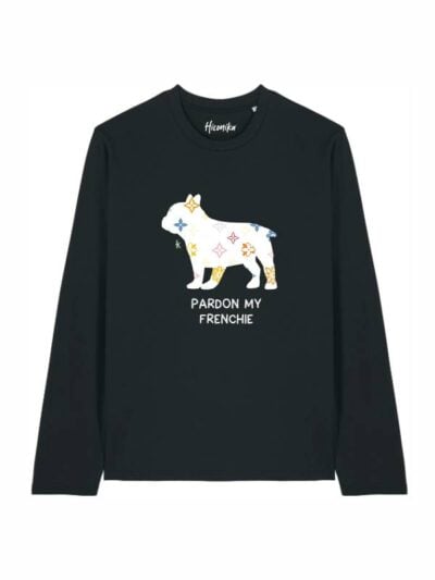 T-shirt Alba manica lunga con un bulldog francese e la scritta “pardon my frenchie” in glitter - TA040