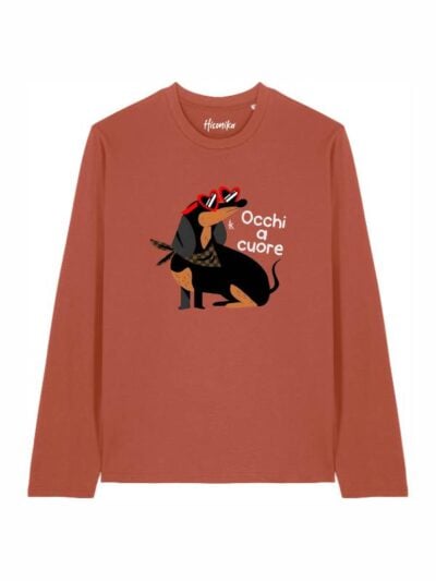 T-shirt Alba manica lunga con un bassotto e la scritta “occhi a cuore” in glitter - TA002