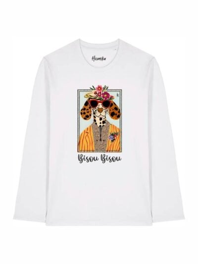 T-shirt Alba manica lunga con un cane fashion e la scritta “bisou bisou” in patch - TA037