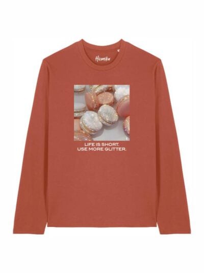 T-shirt Alba manica lunga con i macarons e la scritta “life is short, use more glitter” in patch - TA042