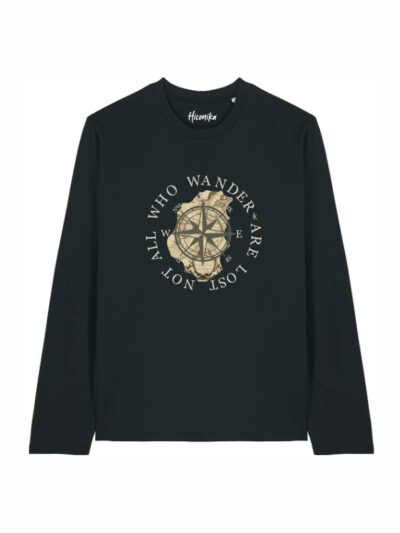 T-shirt Alba manica lunga con una mappa, una bussola e la scritta "not all who wander are lost" - TAU12