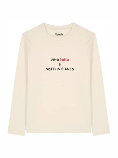 T-shirt Alba manica lunga con la scritta in patch a rilievo "vino rosso e notti in bianco" - TAU10