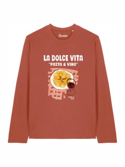 T-shirt Alba manica lunga con la pasta, il vino e scritta in patch a rilievo "La Dolce Vita, pasta e vino" - TAU15