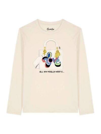 T-shirt Alba manica lunga con una borsa e la scritta “all you really need is” in patch - TA031