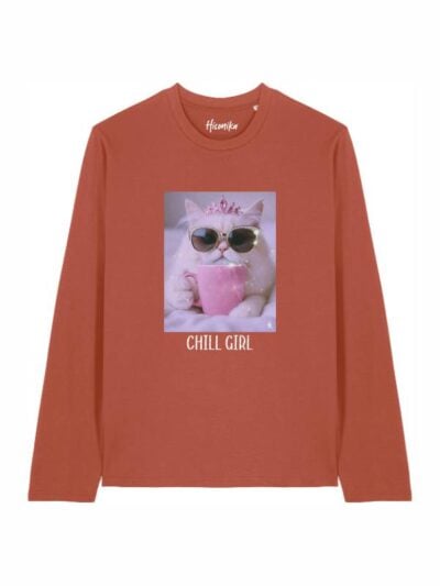T-shirt Alba manica lunga con un gatto e la scritta “chill girl” in glitter - TA022