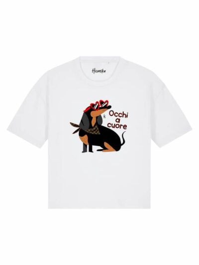 T-Shirt donna Stella con un bassotto e la scritta “occhi a cuore” in glitter – TS002