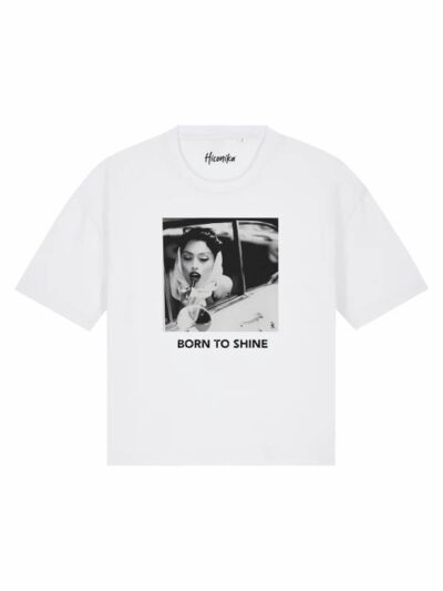 T-Shirt donna Stella stile vintage con una ragazza e la scritta “born to shine” in glitter – TS007