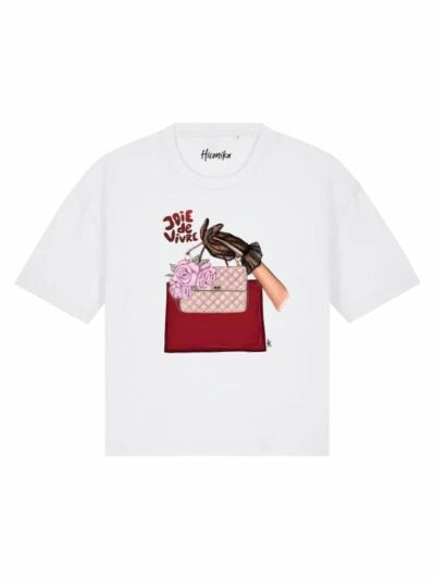 T-Shirt donna Stella con una mano che tiene una borsa e la scritta “joie de vivre” in reflex – TS012