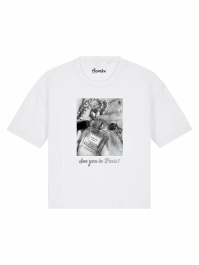 T-Shirt donna Stella con un profumo, una collana e la scritta “see you in Paris?” in reflex – TS016