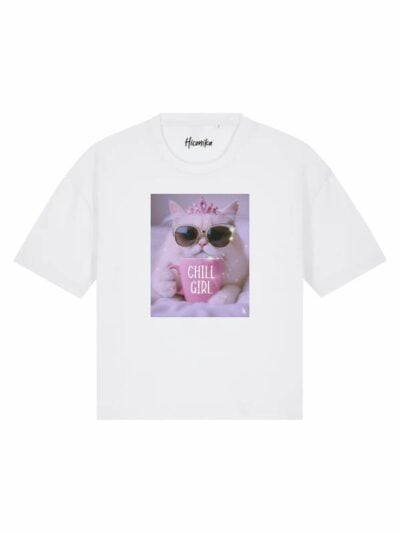 T-Shirt donna Stella con un gatto e la scritta “chill girl” in glitter – TS022