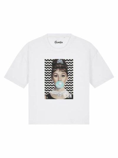 T-Shirt donna Stella con tributo a Audrey Hapburn e la scritta “icon” in glitter – TS036