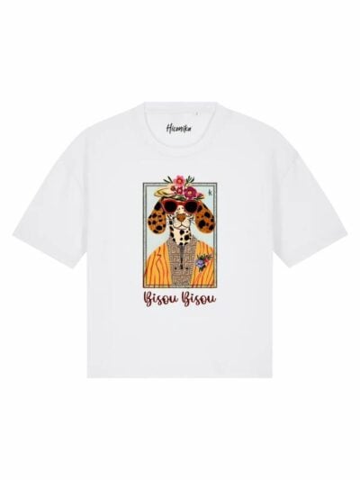 T-Shirt donna Stella con un cane fashion e la scritta “bisou bisou” in glitter – TS037
