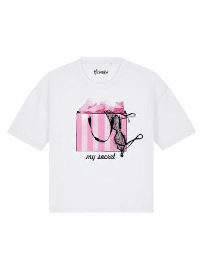 T-Shirt donna Stella con una borsa, un reggiseno e la scritta “my secret” in glitter – TS038
