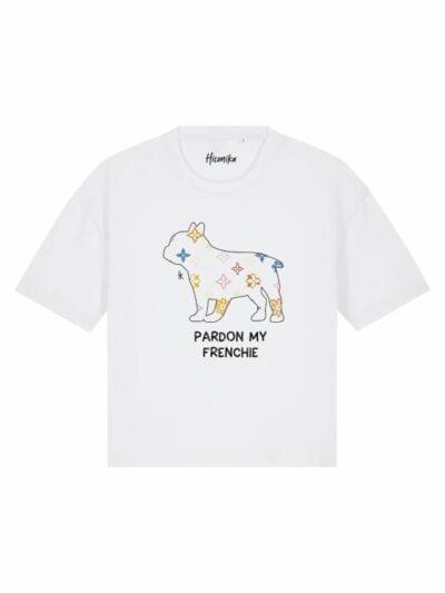 T-Shirt donna Stella con un bulldog francese e la scritta “pardon my frenchie” in glitter – TS040