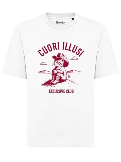 T-shirt unisex Axis con un gatto cowboy e la scritta "cuori illusi exclusive club" – CU02
