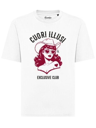 T-shirt unisex Axis con una cowgirl vintage e la scritta "cuori illusi exclusive club" – CU07