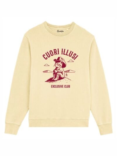Felpa unisex Fiamma con un gatto cowboy e la scritta "Cuori illusi exclusive club" – CUF02