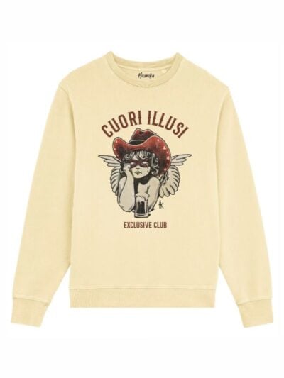 Felpa unisex Fiamma con un angelo cowboy e la scritta "Cuori illusi exclusive club" – CUF04