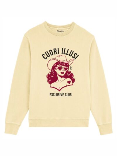 Felpa unisex Fiamma con una cowgirl vintage e la scritta "Cuori illusi exclusive club" – CUF07