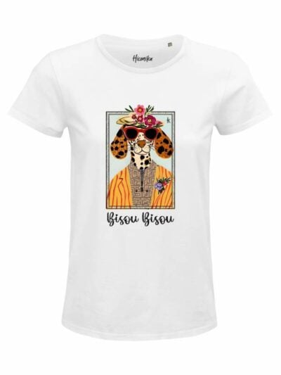 T-Shirt donna Glam con un cane fashion e la scritta “bisou bisou” in glitter – D294