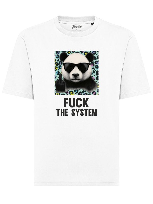 T-shirt bianca Axis oversize con un panda e la scritta "fuck the system" in patch - SABRINA13