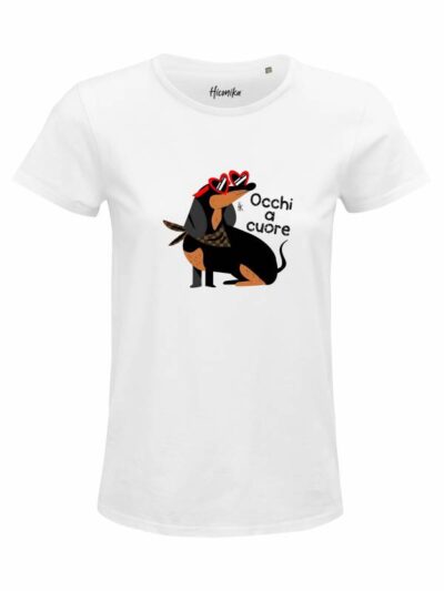 T-Shirt donna Glam con un bassotto e la scritta “occhi a cuore” in glitter – D259