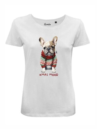 T-shirt donna Lady 2.0 con un bulldog francese e la scritta in patch a rilievo "Xmas mood" - CHD12