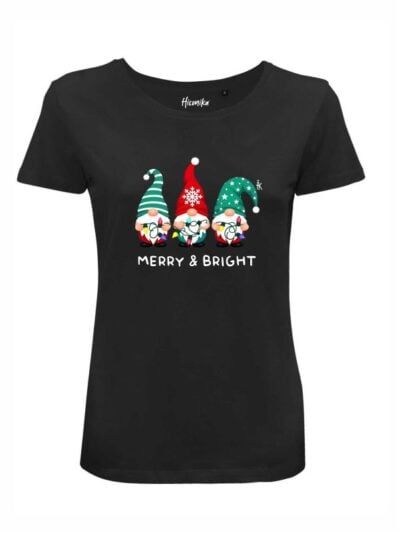 T-shirt donna Lady 2.0 con gli gnomi e la scritta in patch a rilievo "Merry & Bright" - CHD08