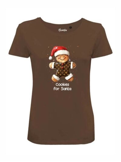 T-shirt donna Lady 2.0 con un omino di pan di zenzero e la scritta in patch a rilievo "cookies for Santa" - CHD19