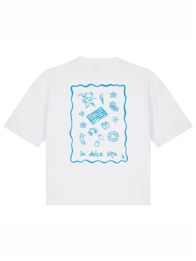 T-Shirt donna Stella con la scritta frontale “la dolce vita” in patch a rilievo e la stampa sulle spalle – TW017