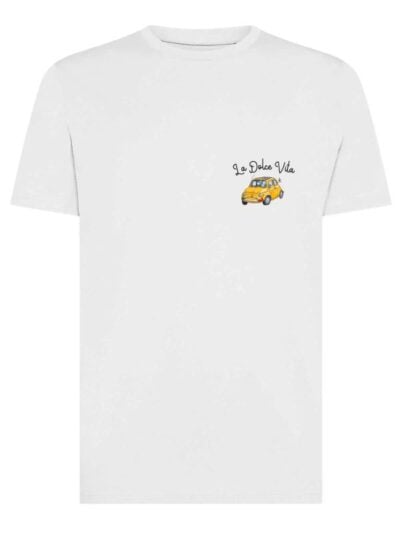 T-shirt uomo Moon con la stampa di un'automobile e la scritta "La Dolce Vita" in patch a rilievo lato cuore – TM017