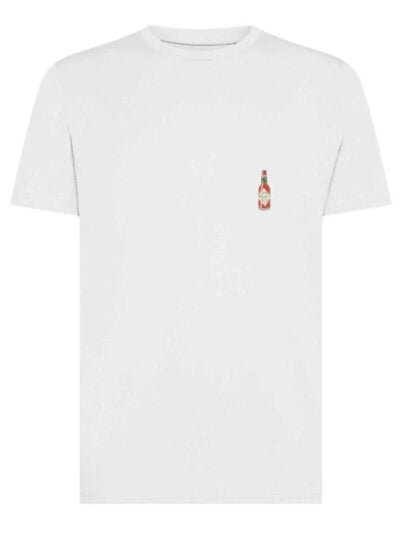 T-shirt uomo Moon con la stampa di una bottiglia di tabasco lato cuore e la stampa sulle spalle – TM024