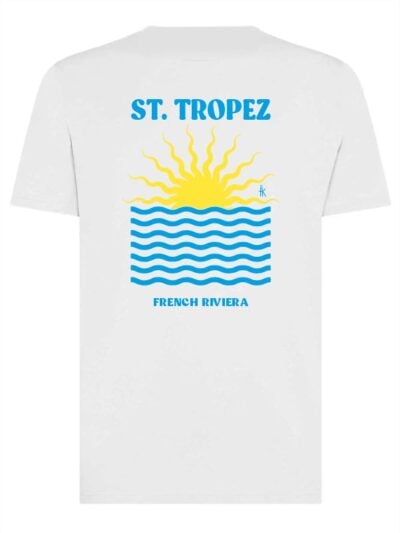 T-shirt uomo Moon con la sagoma del sole e la scritta "S.T. Tropez" in patch a rilievo lato cuore e la stampa sulle spalle – TM031