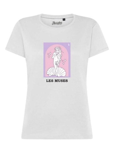 T-Shirt donna Lady 2.0 con stampa ispirata al dipinto La Nascita di Venere e la scritta “les muses” in glitter – TW008