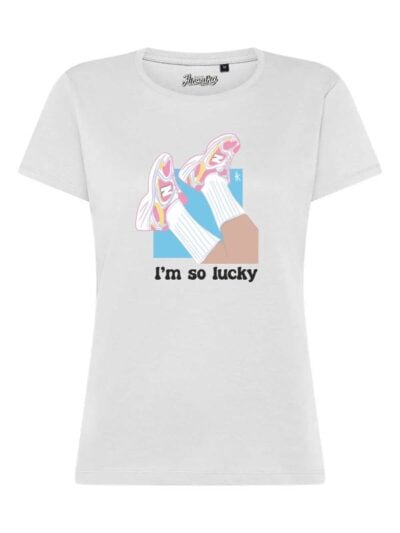 T-Shirt donna Lady 2.0 con grafica sneakers stampata e la scritta “I'm so lucky” in patch a rilievo – TW037