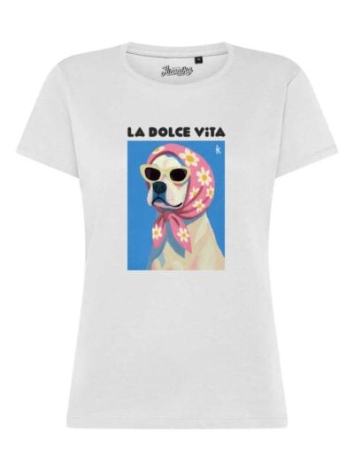 T-Shirt donna Lady 2.0 con la stampa di un cane fashion e la scritta “La Dolce Vita” in patch a rilievo – TW043