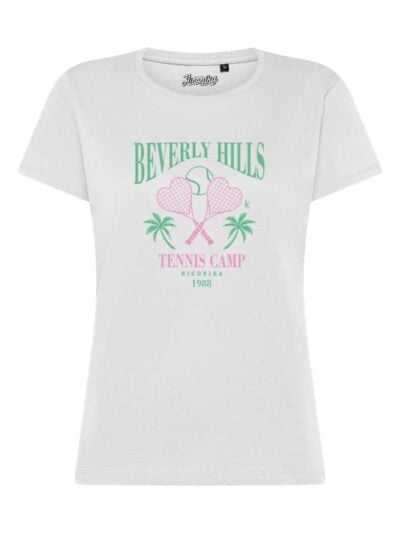 T-Shirt donna Lady 2.0 con la stampa delle racchette da tennis e la scritta “Beverly Hills” – TW047