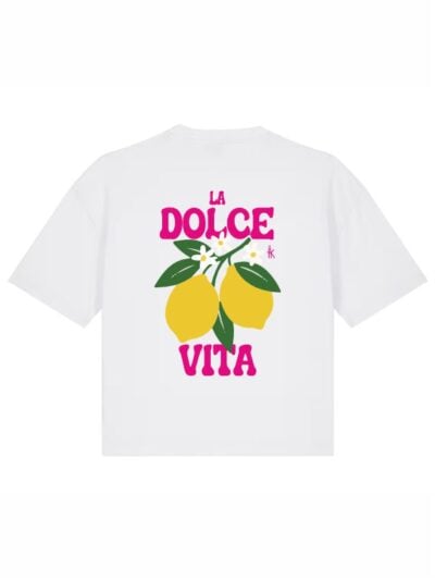 T-Shirt donna Stella con la scritta “La dolce vita” in patch a rilievo lato cuore e la stampa con limoni sulle spalle – TW032