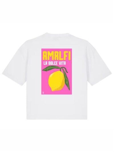 T-Shirt donna Stella con la scritta “Amalfi la dolce vita” lato cuore e la stampa con limone sulle spalle – TW023