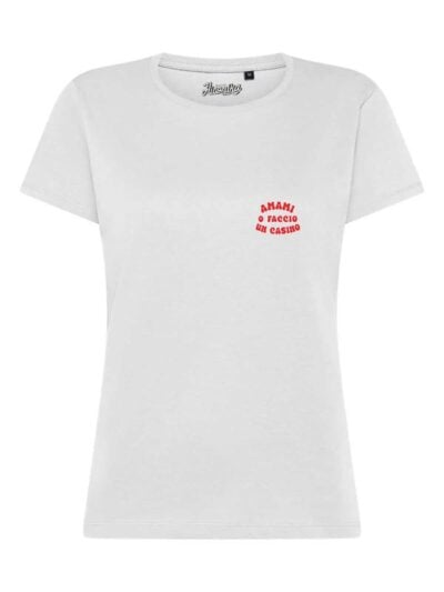 T-Shirt donna Lady 2.0 con la scritta “Amami o faccio un casino” in patch a rilievo – TW034