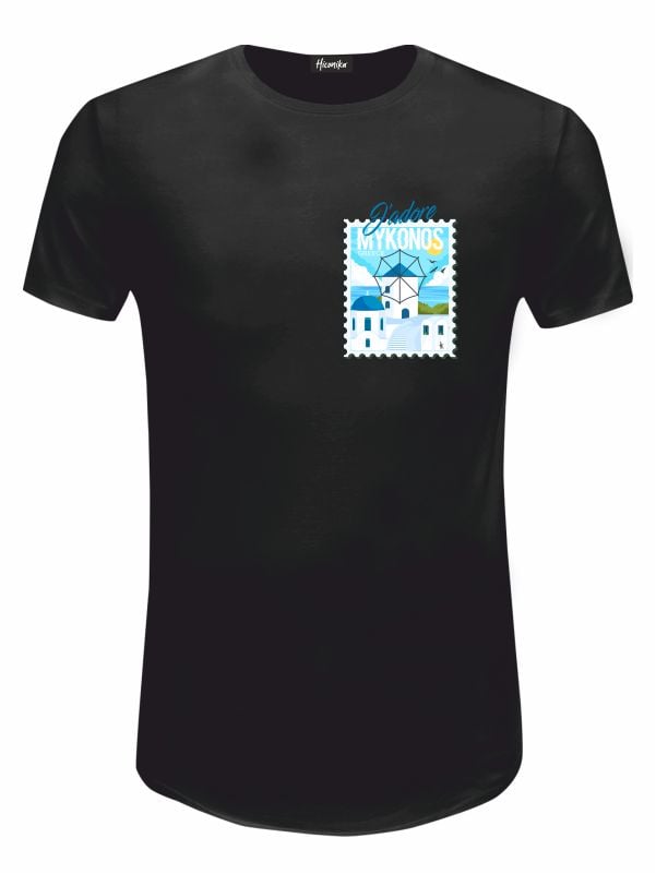Pacchetto Stock: 15 T-shirt uomo nere Urban con la stampa e la scritta "J'adore Mykonos" lato cuore - STOCK47
