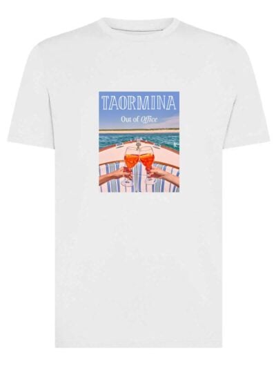 T-shirt uomo Moon con stampa estiva e la scritta "Taormina out of office" – TM040