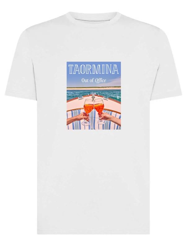 T-shirt uomo Moon con stampa estiva e la scritta "Taormina out of office" – TM040