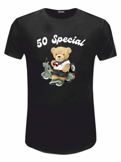 Pacchetto Stock: 15 T-shirt uomo nere Urban con orsetto sullo scooter e la scritta "50 special" - STOCK25