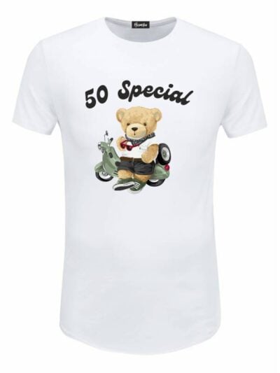 Pacchetto Stock: 15 T-shirt uomo bianche Urban con orsetto sullo scooter e la scritta "50 special" - STOCK24